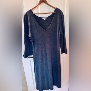 Garnet Hill Classic Fit & Flare 100% Wool Charcoal Gray V-Neck Minimalist Dress